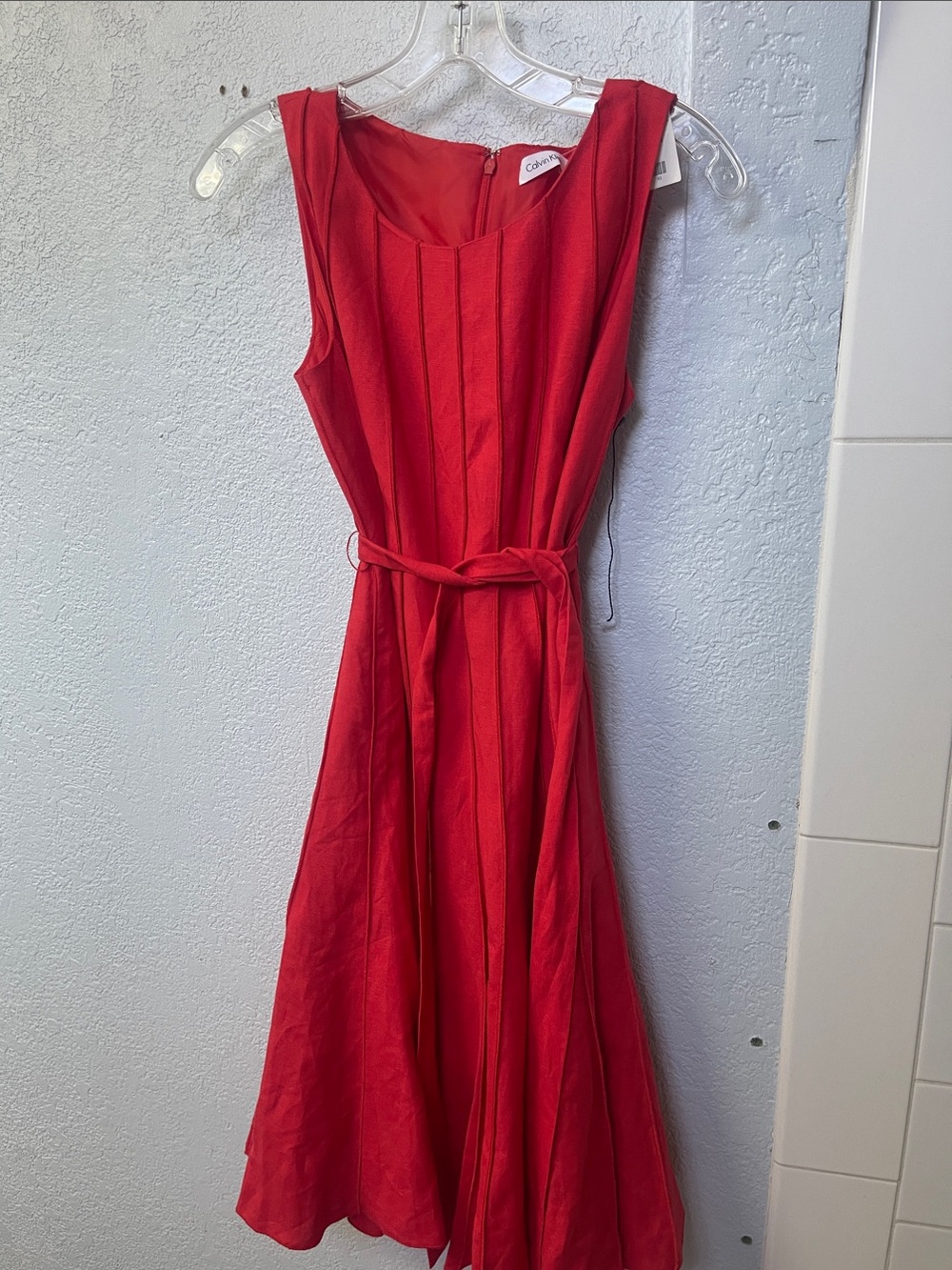 Calvin Klein Red Sleeveless Belted A-Line Dress NWT